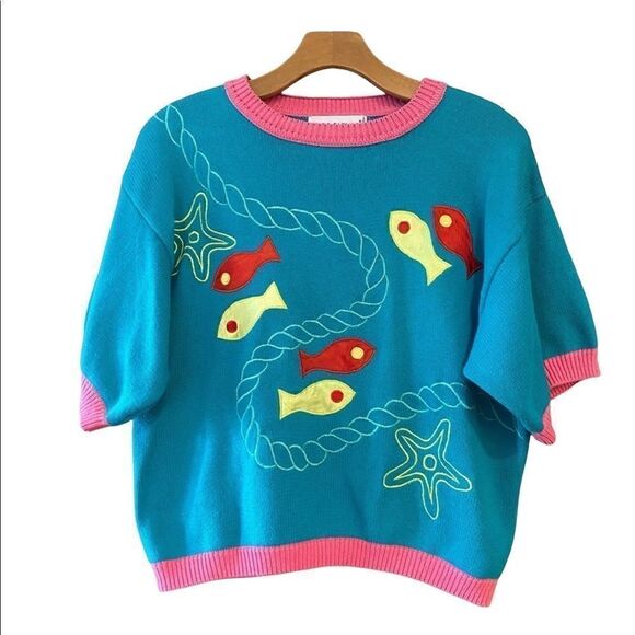 Renso Fabiani 1980’s Vintage Turquoise 2 Sided Fabric Fish Short Sleeve Sweater - Picture 1 of 8